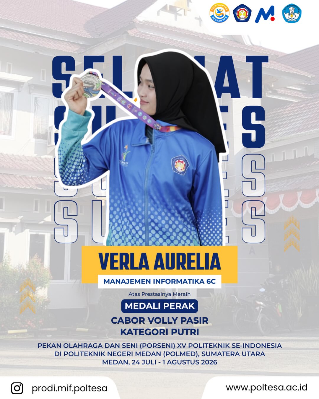 Sertifikat meraih MEDALI PERAK dalam Cabor Voli Pasir Putri di ajang PORSENI XV Politeknik Se-Indonesia di Politeknik Negeri Medan
